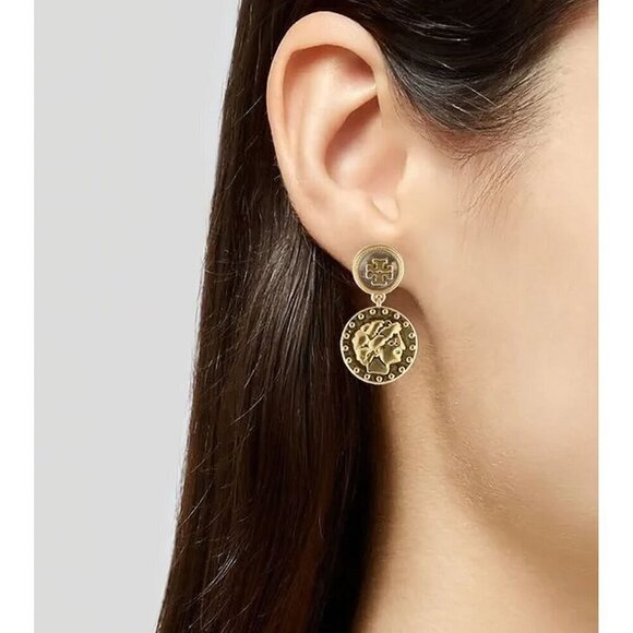 Tory Burch Mother of Pearl Logo Coin Medallion Drop Earrings New Ivory/Tory Gold - Picture 12 of 12